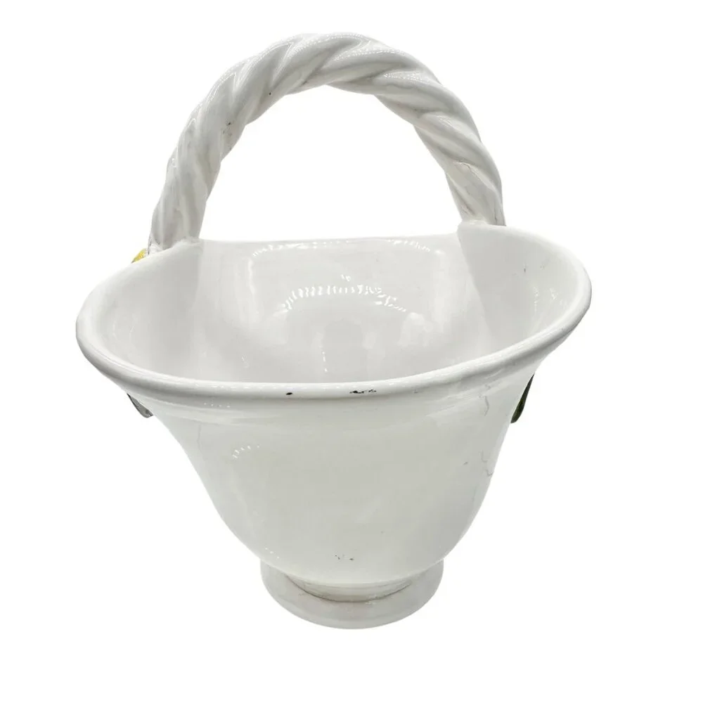 Handmade Ceramic Pottery Basket White with Lemon Leaf Design Vallauris France